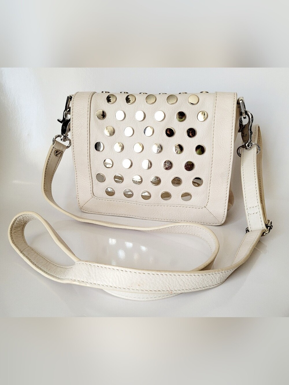 Tory Burch Studded Pebbled Leather Crossbody Bag Mirror Stud Accents 8"×6"×2"